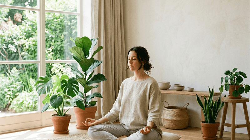 Person meditating peacefully in a bright room with plants